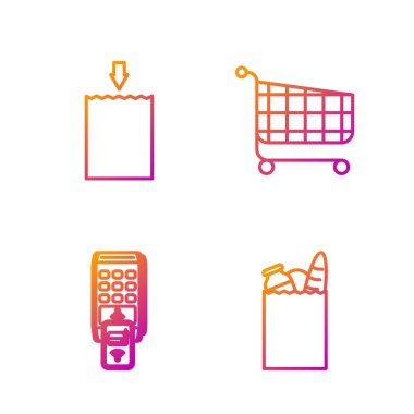 Kağıt poşet, yiyecek, yazılı fatura ile Pos terminali ve ödemeyi akıllı telefon, kağıt alışveriş torbası ve alışveriş arabasıyla onaylıyor. Renk simgeleri. Vektör