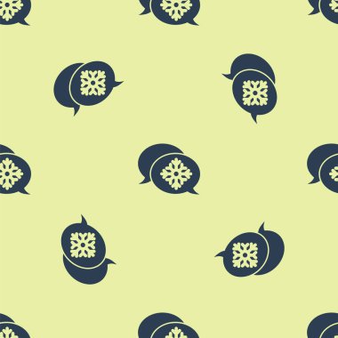 Konuşma baloncuğu ikonuna sahip Mavi Kar Tanesi sarı arkaplanda kusursuz desen izole etti. Mutlu Noeller ve mutlu yıllar. Vektör İllüstrasyonu