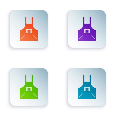 Renkli mutfak önlüğü simgesi beyaz arkaplanda izole edildi. Yemek pişirmek için şef üniforması. Kare düğmelere simgeleri yerleştir. Vektör İllüstrasyonu