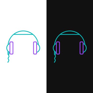 Yeşil ve mor çizgi kulaklık simgesi beyaz ve siyah arkaplanda izole edilmiş. Kulaklık işareti. Müzik, hizmet, iletişim ve operatör konsepti. Vektör İllüstrasyonu