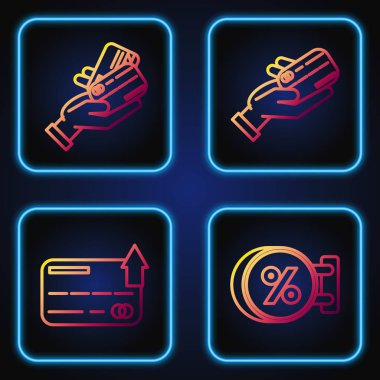 İmza tahtası, yazıt indirimi yüzdesi, kredi kartı, kredi kartıyla insan eli, kredi kartıyla insan eli. Renk simgeleri. Vektör