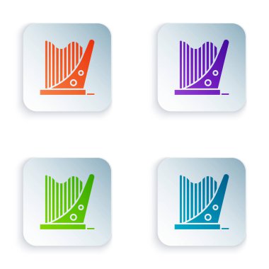 Renkli Harp simgesi beyaz arkaplanda izole edildi. Klasik müzik enstrümanı, orkestra akustik elementi. Kare düğmelere simgeleri yerleştir. Vektör İllüstrasyonu