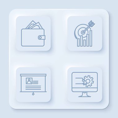 Cüzdanı kağıt paralarla dolu olarak ayarla, grafik çizelgesiyle hedefle, özgeçmişiyle tahtayla ve grafik grafiğiyle bilgisayar monitörüyle. Beyaz kare düğme. Vektör