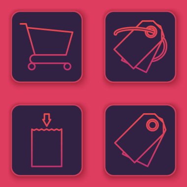 Sıra sıra alışveriş arabası, kağıt alışveriş çantası, boş etiket fiyat etiketi ve boş etiket fiyat etiketi. Mavi kare düğme. Vektör