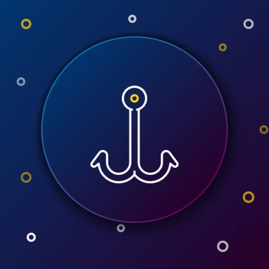 Beyaz ve sarı çizgili olta kancası koyu mavi arka planda izole edilmiş. Balık oltası. Renkli taslak konsepti. Vektör İllüstrasyonu