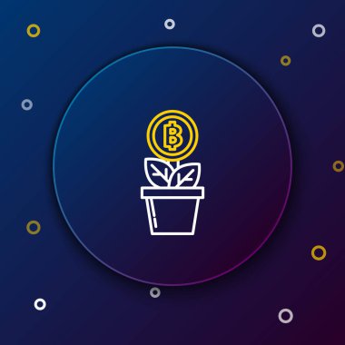 Koyu mavi arka plandaki çömlek ikonunda beyaz ve sarı çizgili Bitcoin bitkisi. Yatırım artışı. Engelleme teknolojisi, kripto para madenciliği. Renkli taslak konsepti. Vektör İllüstrasyonu