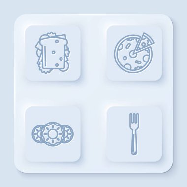 Sandviç, pizza, tatlı jöleli ve çatallı çörek. Beyaz kare düğme. Vektör