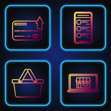 Ekran dizüstü bilgisayarı, alışveriş sepeti, kredi kartı ve cep telefonundan online alışveriş. Renk simgeleri. Vektör