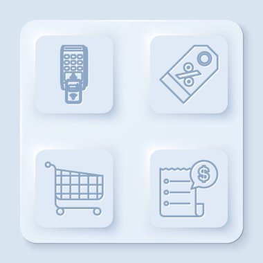 Satır Pos terminalini basılı alıcıyla ayarla ve ödemeyi akıllı telefon, indirimli yüzde etiketi, alışveriş arabası ve kağıt çeki ve mali çekle teyid et. Beyaz kare düğme. Vektör