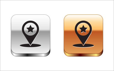 Beyaz zemin üzerinde yıldız simgesi olan siyah harita işaretçisi. Yıldız favori iğne haritası simgesi. Harita işaretleyicileri. Gümüş-altın kare düğme. Vektör İllüstrasyonu