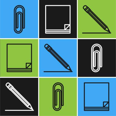 Satır Kağıt Ataşını, Silgi ve satır ile kalem ve Dosya belge simgesini ayarla. Vektör