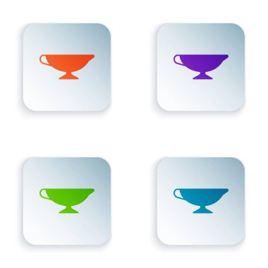 Beyaz arkaplanda izole edilmiş renkli sos teknesi ikonu. Sos kasesi. Kare düğmelere simgeleri yerleştir. Vektör İllüstrasyonu