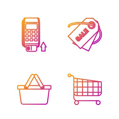 Alış veriş arabası, alışveriş sepeti, eklenmiş kredi kartlı Pos terminali ve yazıtlı Price etiketi. Renk simgeleri. Vektör