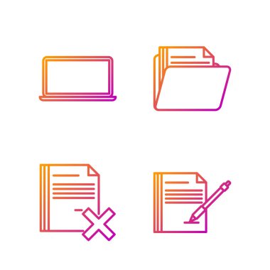 Satır Boş Defter ve Kalem, Dosya Belgesi, Laptop ve Belge dizinini Sil. Renk simgeleri. Vektör