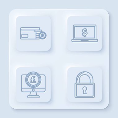 Satır Zarfı 'nı bozuk para sembolü ile, dizüstü bilgisayarı dolar sembolü ile, bilgisayar monitörünü sterlin sembolü ve kilidi ile ayarla. Beyaz kare düğme. Vektör