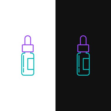 Yeşil ve mor çizgili, pipetli cam şişe. Beyaz ve siyah arkaplanda izole edilmiş bir pipeti olan bir şişe. Tıbbi ve kozmetik ürünler için konteynır. Vektör İllüstrasyonu