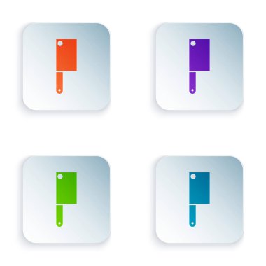 Renkli Et Helikopteri simgesi beyaz arkaplanda izole edildi. Et için mutfak bıçağı. Kasap bıçağı. Kare düğmelere simgeleri yerleştir. Vektör İllüstrasyonu