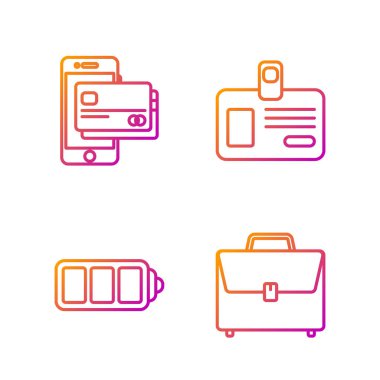 Sıralı çanta, pil şarj seviyesi göstergesi, cep telefonu, kredi kartı ve kimlik kartı. Renk simgeleri. Vektör