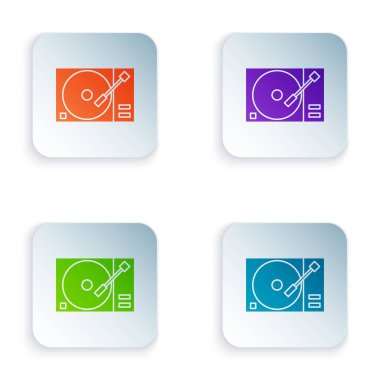 Beyaz arkaplanda izole edilmiş vinil disk simgesine sahip renkli vinil oynatıcı. Kare düğmelere simgeleri yerleştir. Vektör İllüstrasyonu