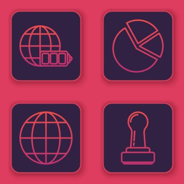 Batarya şarj seviyesini dünya küresi, dünya küresi, pasta grafiği ve pul ile ayarlayın. Mavi kare düğme. Vektör