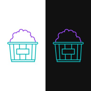 Yeşil ve mor çizgi Popcorn karton kutu simgesi beyaz ve siyah arka plan üzerinde izole. Patlamış mısır kova kutusu. Vektör İllüstrasyonu