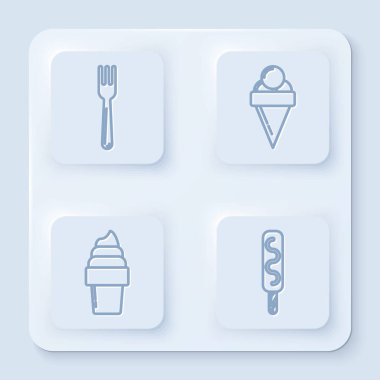 Set line Fork, Ice cream in waffle cone, Ice cream in waffle cone and Ice cream. White square button. Vector
