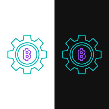 Yeşil ve mor çizgi kripto para birimi simgesi Bitcoin beyaz ve siyah arkaplanda izole edildi. Vites ve Bitcoin ayarı. Engelleme zinciri tabanlı şifreli para birimi. Vektör İllüstrasyonu