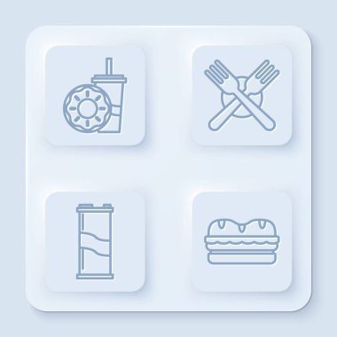 Set line Paper glass with drinking straw and donut, Crossed fork, Soda can and Sandwich. White square button. Vector