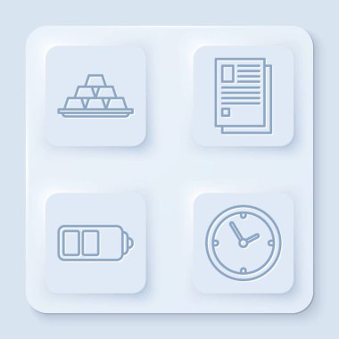 Satır Altın Çubukları, Dosya Belgesi, Batarya şarj seviyesi göstergesi ve Saat. Beyaz kare düğme. Vektör