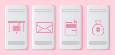 Çizelge tablosu, Zarf, Belge ve Para çantası ile ayarlayın. Beyaz dikdörtgen düğme. Vektör