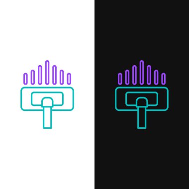 Yeşil ve mor çizgi temizleme servisi simgesi beyaz ve siyah arkaplanda izole edildi. Süpürge kafası daire şeklinde, halı temizleme logosu. Vektör İllüstrasyonu