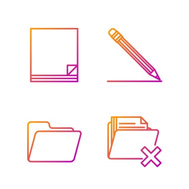 Satır Silme dizinini, Belge dizinini, Dosya belgesini ve Kalem 'i silgi ve satır ile ayarla. Renk simgeleri. Vektör