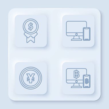 Set line Reward for good work, Computer monitor and mobile phone, Coin money with Yen symbol and Computer monitor with mobile phone and bitcoin. White square button. Vector