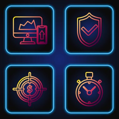 Set line Stopwatch, Target with dollar symbol, Financial chart or graph on the computer monitor and mobile phone and Shield with check mark. Gradient color icons. Vector