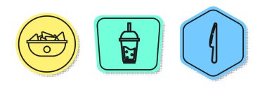 Set line Nachos in plate, Glass of lemonade with drinking straw and Knife. Colored shapes. Vector