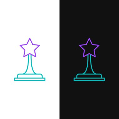 Beyaz ve siyah arkaplanda izole edilmiş yeşil ve mor çizgi film ödülü ikonu. Akademi ödülü ikonu. Filmler ve sinema sembolü. Vektör İllüstrasyonu