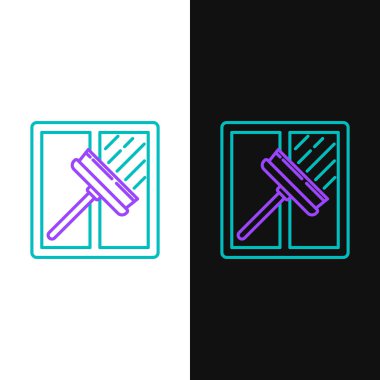 Beyaz ve siyah arkaplanda izole edilmiş pencere simgesi için kauçuk temizleme servisiyle yeşil ve mor çizgi temizleme hizmeti. Silecek, kazıyıcı, silecek. Vektör İllüstrasyonu