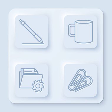 Düz çizgi, düz kahve fincanı, dişli ve ataçlı dizin ayarları. Beyaz kare düğme. Vektör