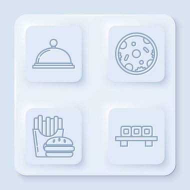 Set line Covered with a tray of food, Pizza, Burger and french fries in carton package box and Sushi on cutting board. White square button. Vector