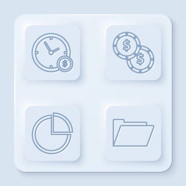 Satır Çizgisi Zamanı para, Dolar sembollü madeni para, Pasta grafiği bilgisi ve Belge klasörü. Beyaz kare düğme. Vektör