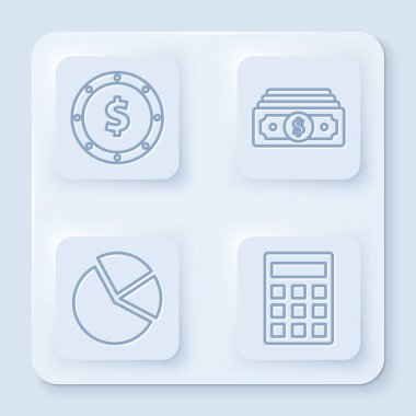 Dolar sembollü bozuk para, kağıt para yığını, pasta grafiği ve hesap makinesi. Beyaz kare düğme. Vektör