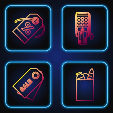 Alış veriş poşeti ve yiyecek, indirimli fiyat etiketi, indirimli yüzde etiketi ve eklenmiş kredi kartı olan Pos terminali. Renk simgeleri. Vektör