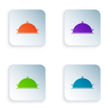 Color Covered with a tray of food icon isolated on white background. Tray and lid sign. Restaurant cloche with lid. Kitchenware symbol. Set icons in square buttons. Vector Illustration
