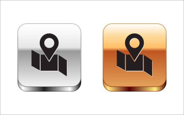 Beyaz arkaplanda konum belirleyici simgesi olan siyah katlı harita. Gümüş-altın kare düğme. Vektör İllüstrasyonu