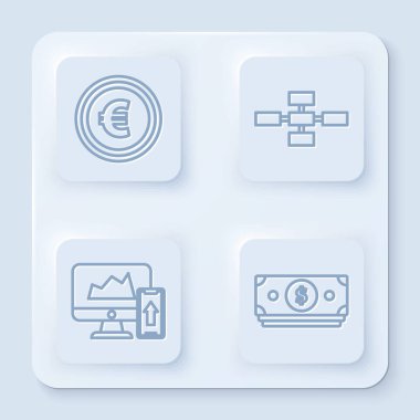 Set line Coin money with euro, Business hierarchy organogram chart infographics, Financial chart or graph on the computer monitor and mobile and Stacks paper money cash. White square button. Vector