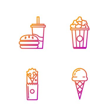 Set line Ice cream in waffle cone, Doner kebab, Paper glass with drinking straw and burger and Popcorn in cardboard box. Gradient color icons. Vector