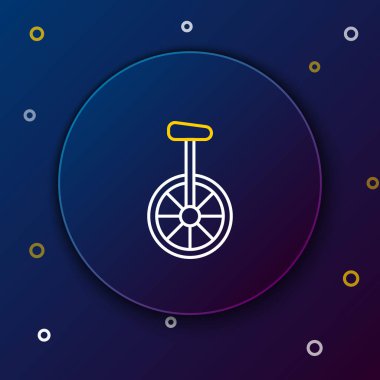 Beyaz ve sarı çizgili tek tekerlekli bisiklet ya da koyu mavi arka planda izole edilmiş bir bisiklet ikonu. Tekerlekli bisiklet. Renkli taslak konsepti. Vektör İllüstrasyonu