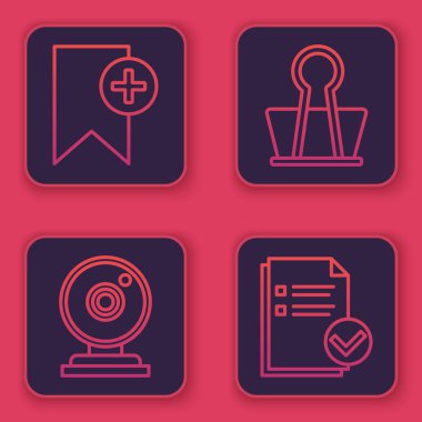 Satır Yer imi, Web kamerası, Binder klipsi ve Belge ve işaretini ayarla. Mavi kare düğme. Vektör