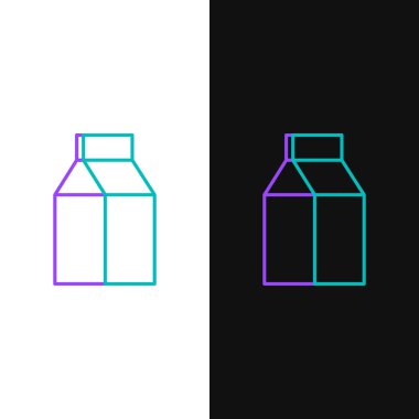 Beyaz ve siyah arkaplanda izole edilmiş süt ikonu için yeşil ve mor çizgi kağıt paketi. Süt paketi işareti. Vektör İllüstrasyonu