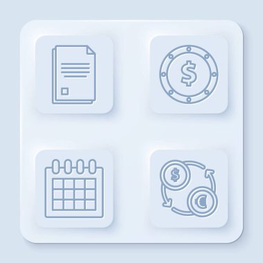 Satır Dosyası belgesi, dolar sembollü madeni para, Takvim ve Para değişimi. Beyaz kare düğme. Vektör